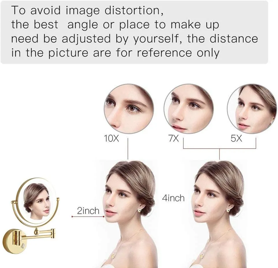 Wall Mounted Makeup Mirror with LDE Lights, Makeup Mirror with Magnification for Bathroom, Extendable Arm, Two-Sided Extendable, 360 Degree Swivel, 8 in