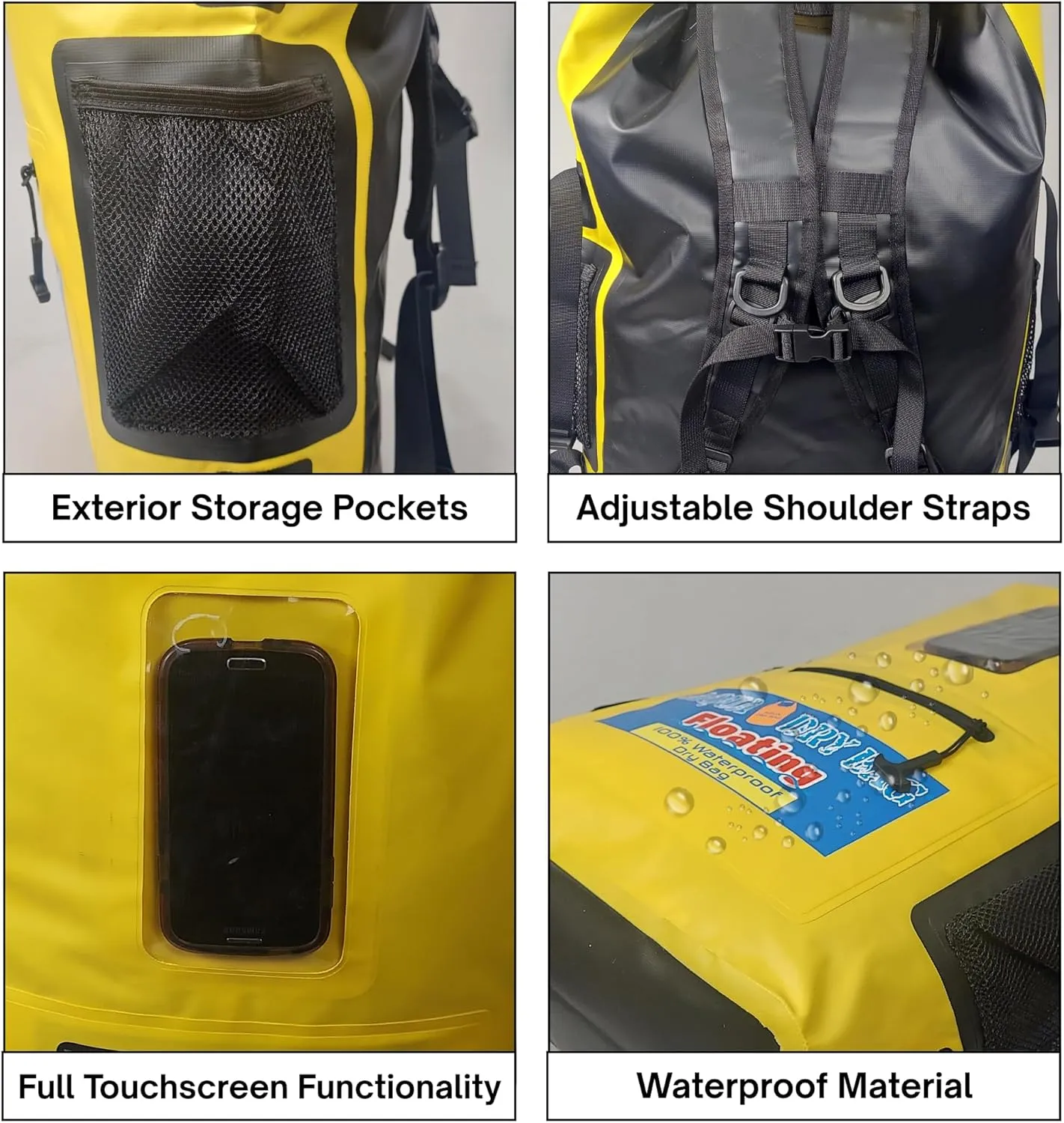 Waterproof Backpack 28L Yellow Dry Bag Cell Phone Pouch with Exterior Window for Easy Use During All Water Sports | 28L Large Capacity | Ideal for Hiking, Boating, Rafting and Travel