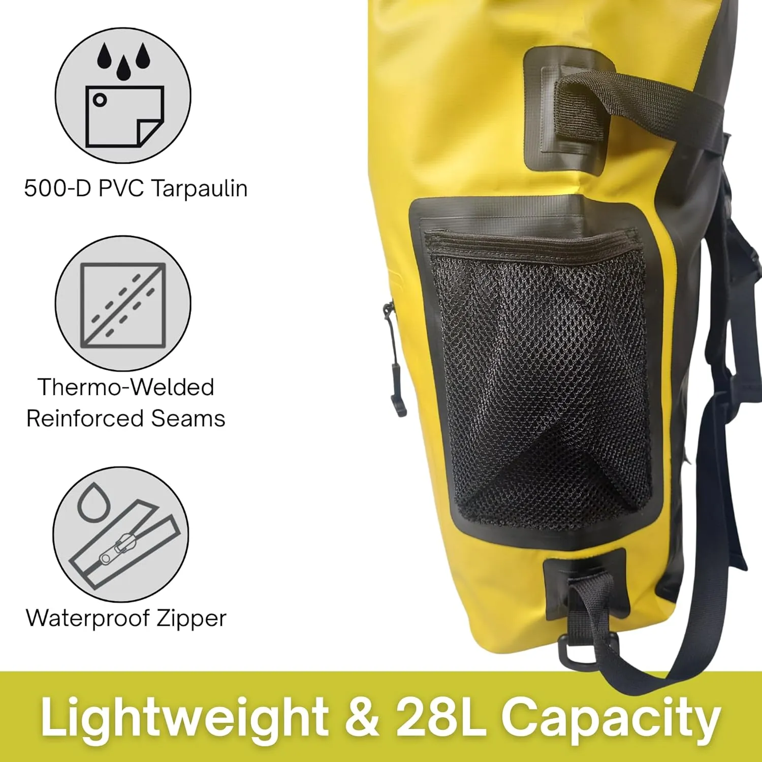 Waterproof Backpack 28L Yellow Dry Bag Cell Phone Pouch with Exterior Window for Easy Use During All Water Sports | 28L Large Capacity | Ideal for Hiking, Boating, Rafting and Travel