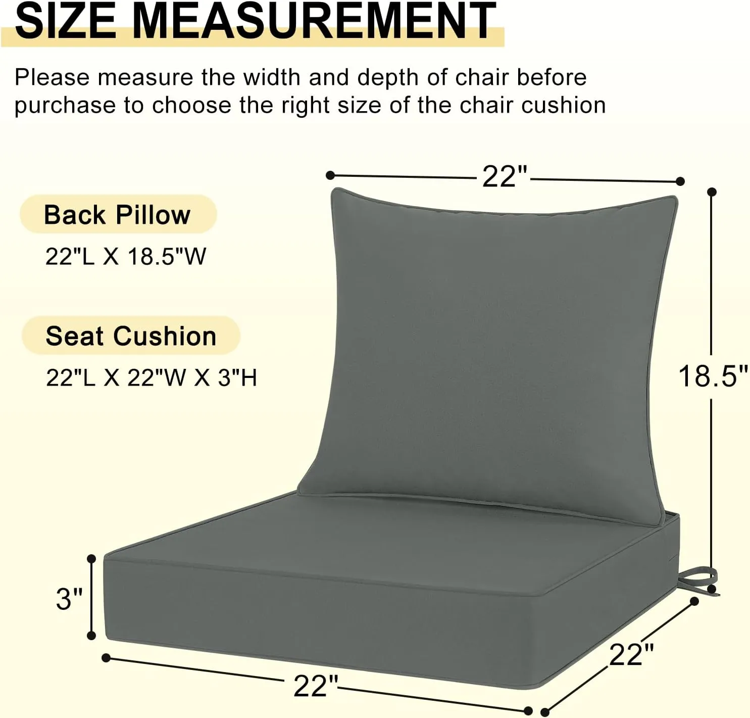Waterproof Outdoor Chair Cushions 22x22, Outdoor Cushions for Patio Furniture with Removable Cover, Outdoor Deep Seat Patio Cushion Set with Backrest for Sofa, Couch and Patio Chairs, Dark Grey