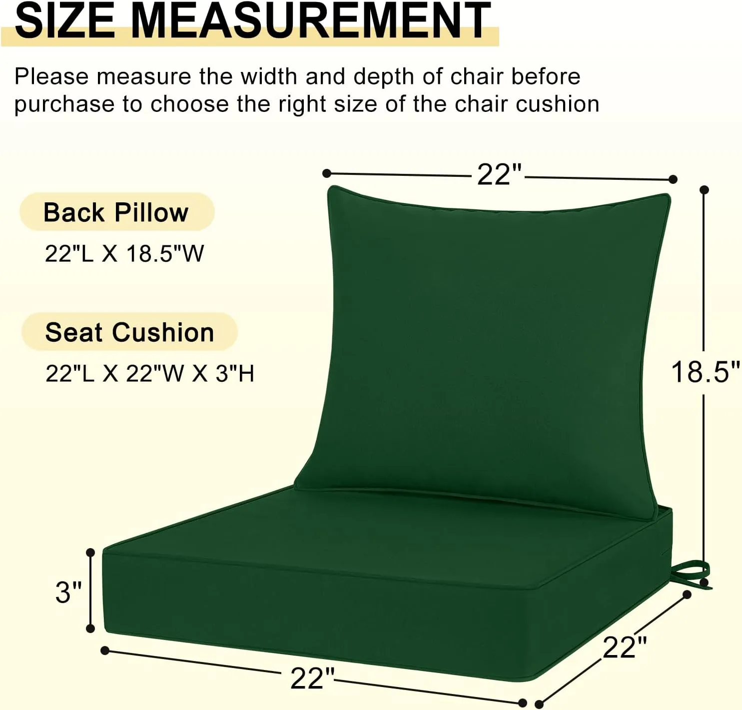 Waterproof Outdoor Chair Cushions 22x22, Outdoor Cushions for Patio Furniture with Removable Cover, Outdoor Deep Seat Patio Cushion Set with Backrest for Sofa, Couch and Patio Chairs, Forest Green