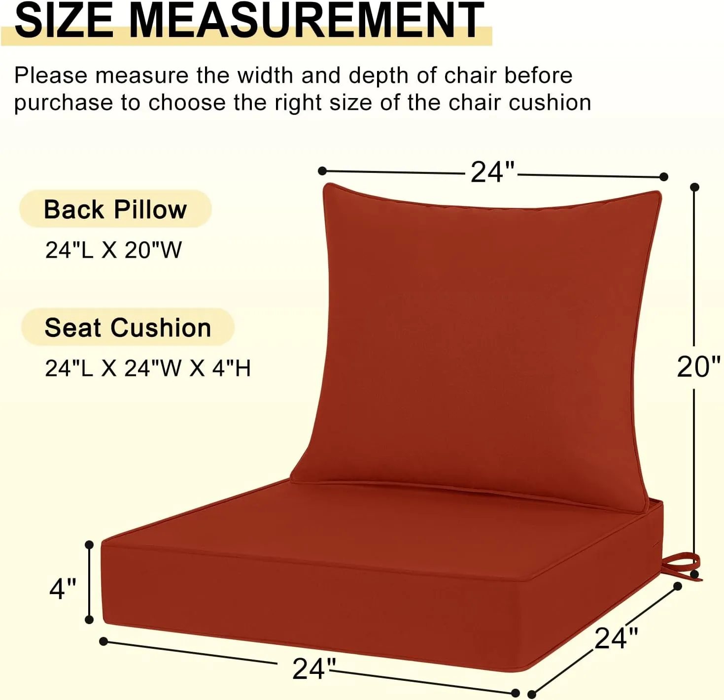 Waterproof Outdoor Chair Cushions 24x24, Outdoor Cushions for Patio Furniture with Removable Cover, Outdoor Deep Seat Patio Cushion Set with Backrest for Sofa, Couch and Patio Chairs, Brick Red