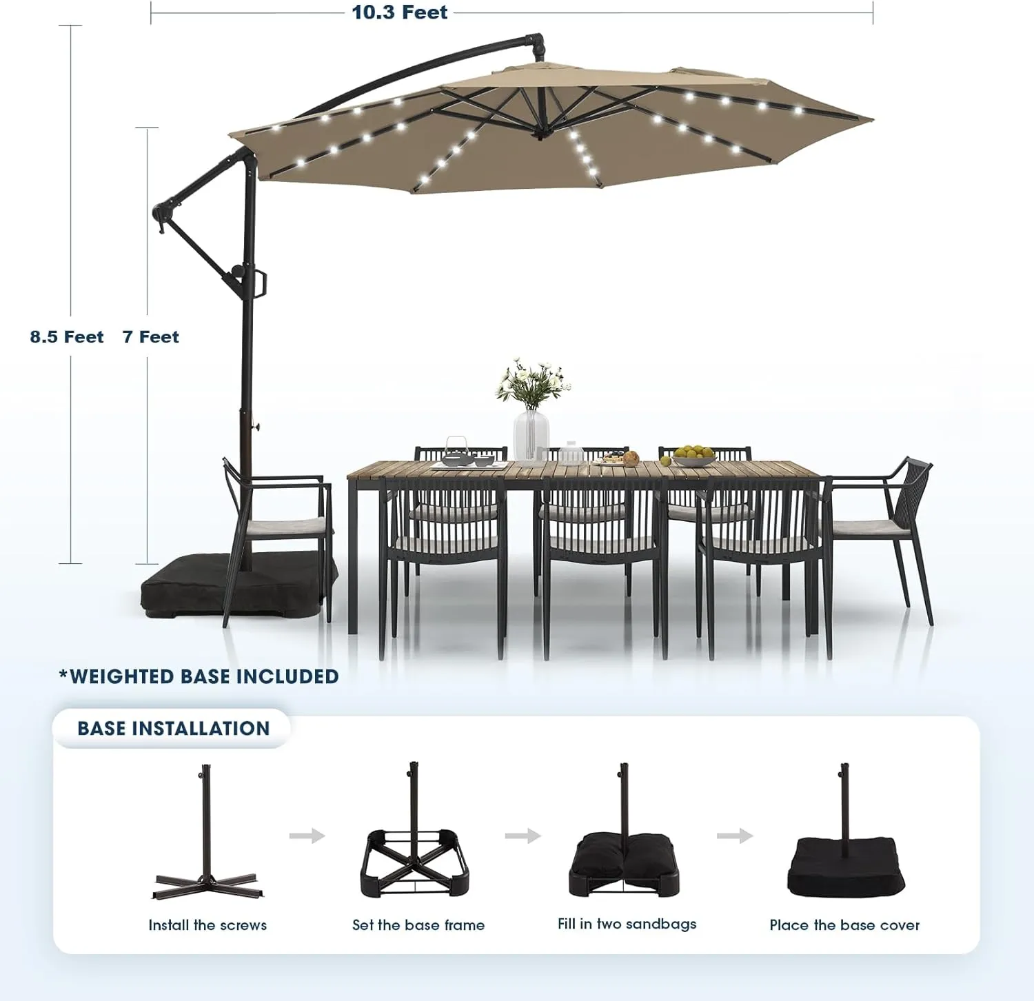 wikiwiki 10FT Solar Patio Offset Umbrella with Base Included, Outdoor Cantilever Umbrella Hanging Umbrellas with Weighted Sandbag Base, Market Patio Umbrella for Backyard, Garden & Deck, Tan