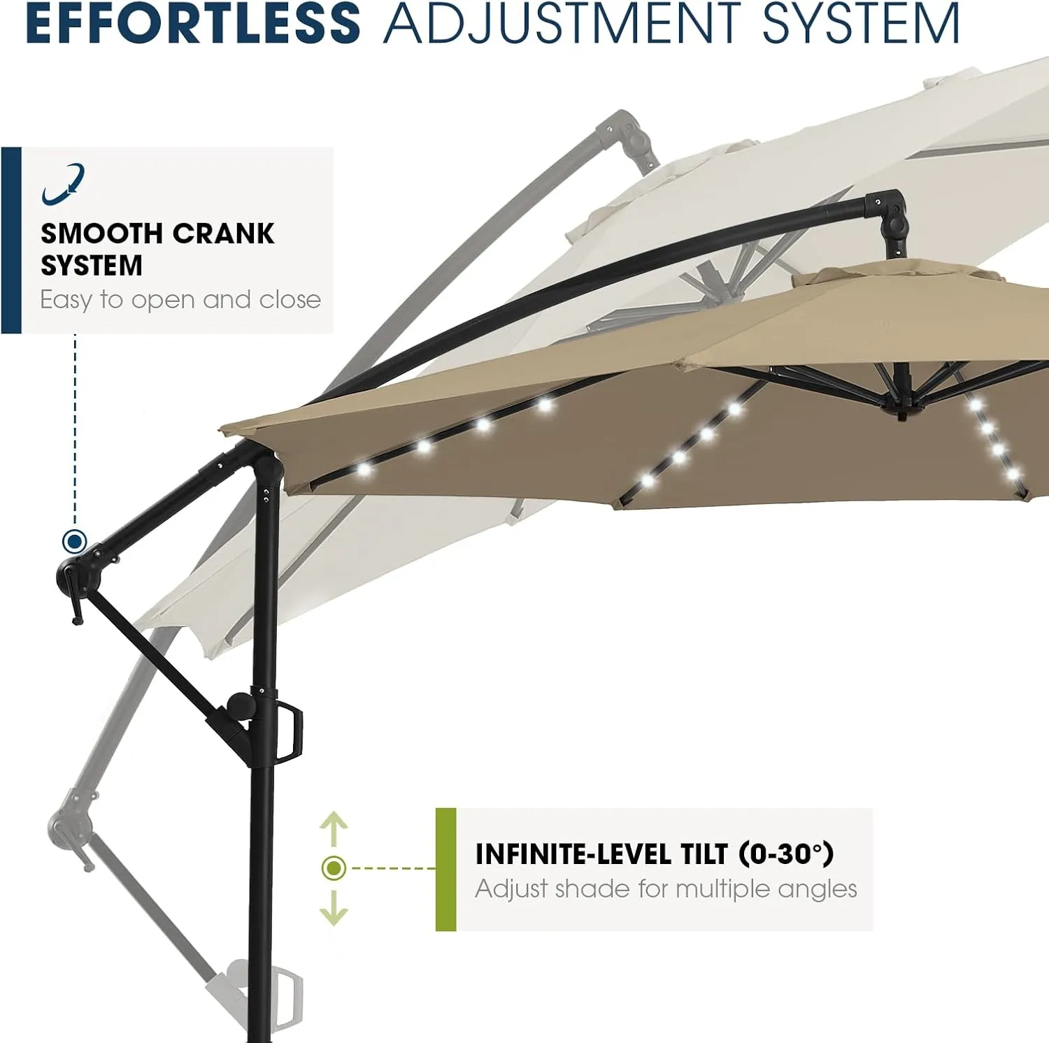 wikiwiki 10FT Solar Patio Offset Umbrella with Base Included, Outdoor Cantilever Umbrella Hanging Umbrellas with Weighted Sandbag Base, Market Patio Umbrella for Backyard, Garden & Deck, Tan