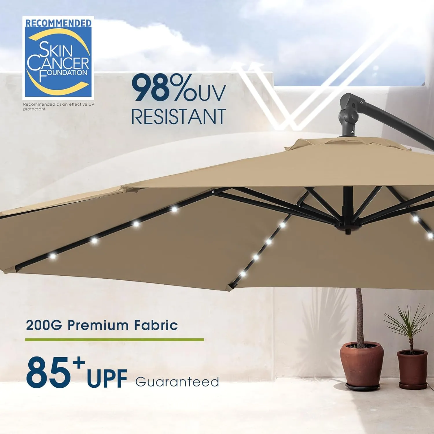 wikiwiki 10FT Solar Patio Offset Umbrella with Base Included, Outdoor Cantilever Umbrella Hanging Umbrellas with Weighted Sandbag Base, Market Patio Umbrella for Backyard, Garden & Deck, Tan