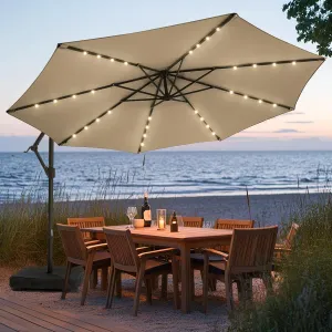 wikiwiki 10FT Solar Patio Offset Umbrella with Base Included, Outdoor Cantilever Umbrella Hanging Umbrellas with Weighted Sandbag Base, Market Patio Umbrella for Backyard, Garden & Deck, Tan