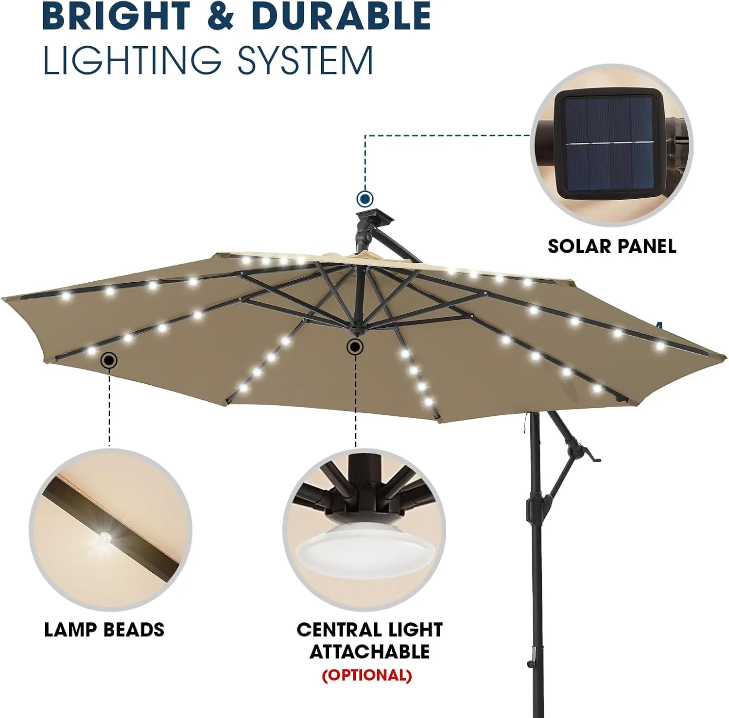 wikiwiki 10FT Solar Patio Offset Umbrella with Base Included, Outdoor Cantilever Umbrella Hanging Umbrellas with Weighted Sandbag Base, Market Patio Umbrella for Backyard, Garden & Deck, Tan