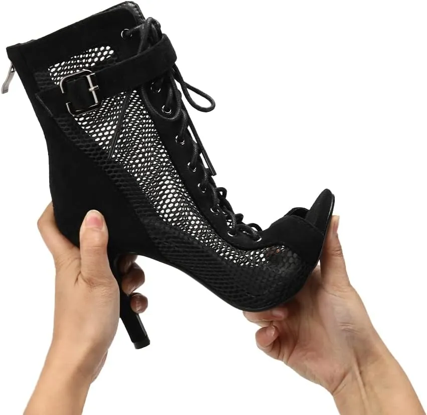 Women's Dance Heels Ankle Dance Booties Peep Toe Salsa Dance Shoes Heels Dance Boots