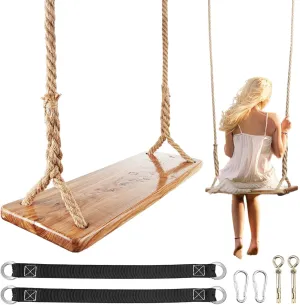 Wooden Tree Swing, 500lbs Load Capacity Heavy-Duty Wooden Swing Seat for Adults & Kids, Adjustable Climbing Rope Tree Straps 118 inch for Indoor & Outdoor
