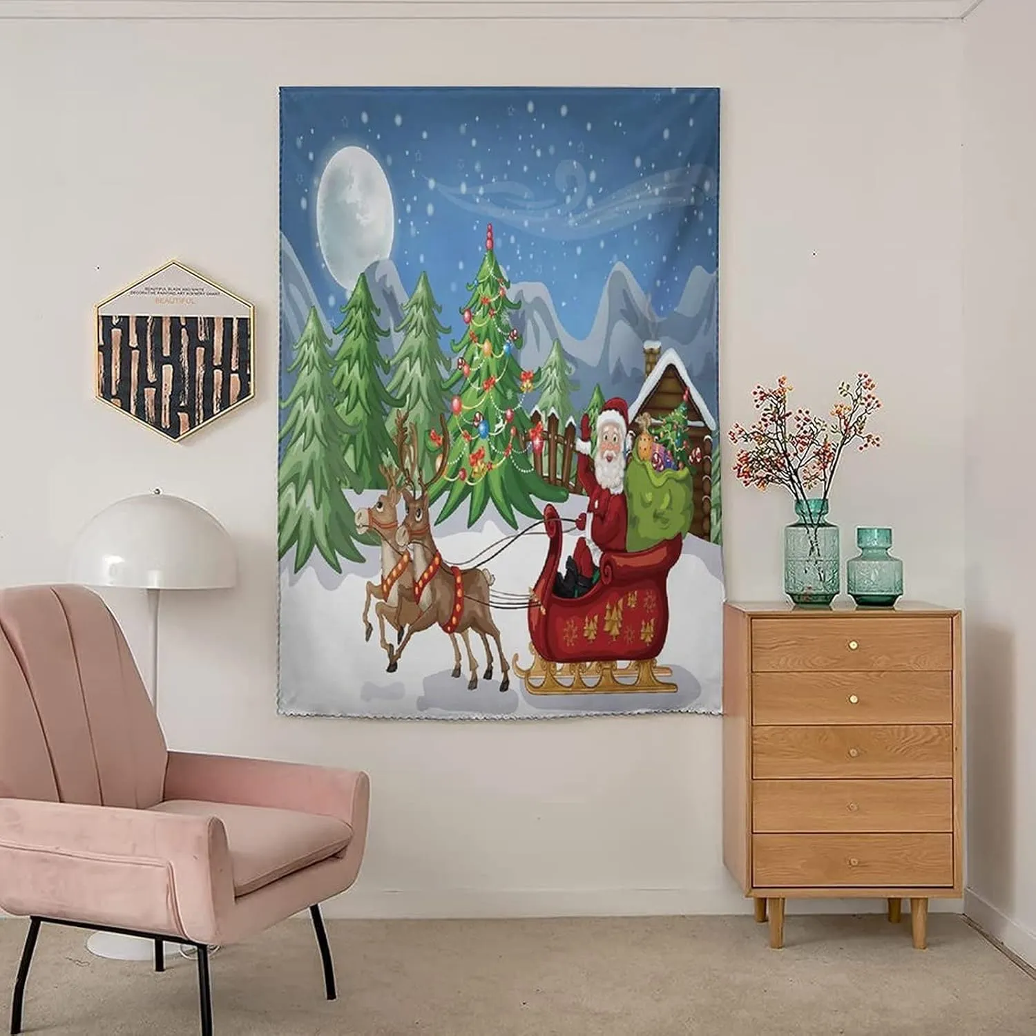 XISUNYA Anywhere Portable Blackout Curtain, Christmas Door Window Curtains, Country Landscape at Night Trees Santa Claus Snowdrift Reindeers Print Bedroom Blackout Curtains,35W x63L Inch