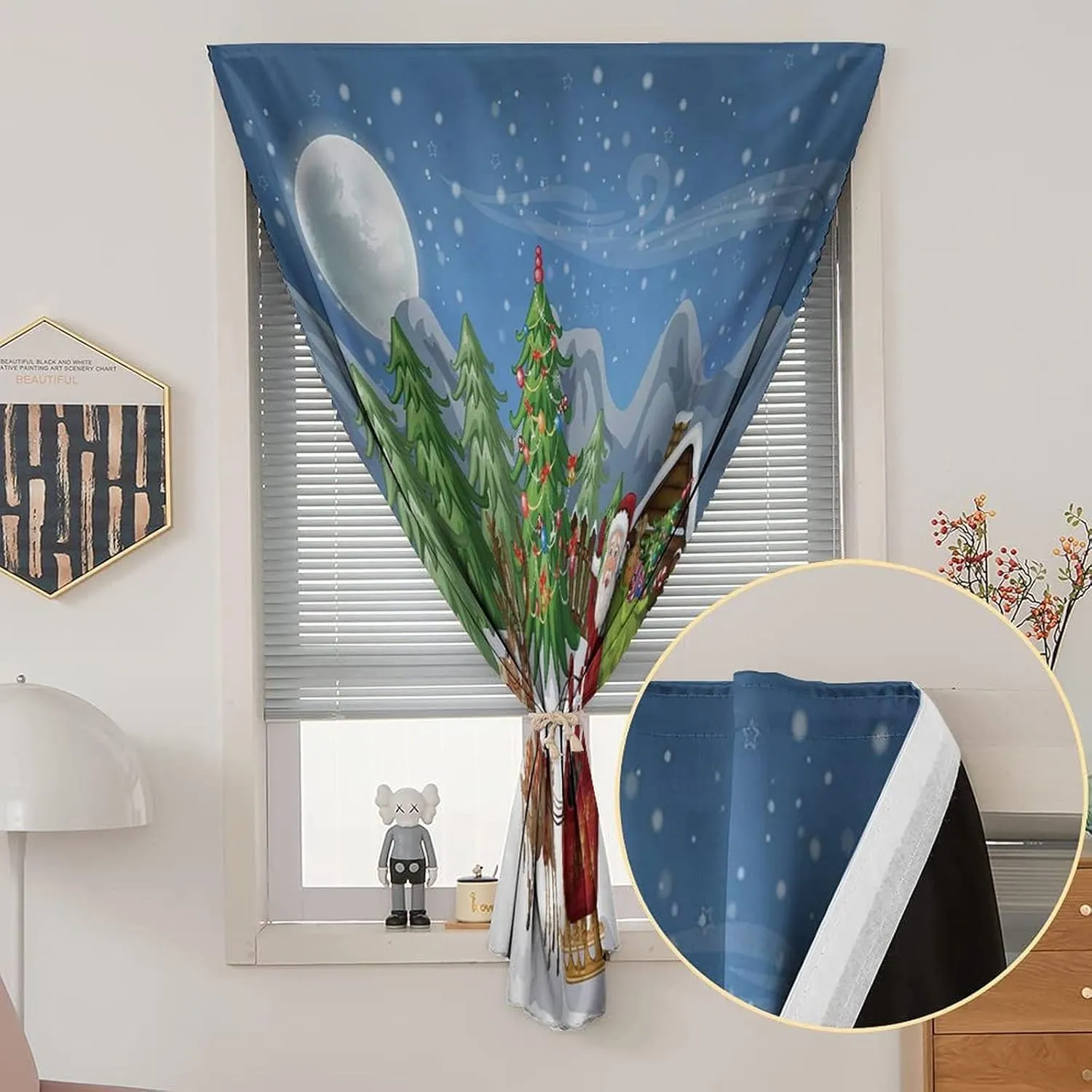 XISUNYA Anywhere Portable Blackout Curtain, Christmas Door Window Curtains, Country Landscape at Night Trees Santa Claus Snowdrift Reindeers Print Bedroom Blackout Curtains,35W x63L Inch