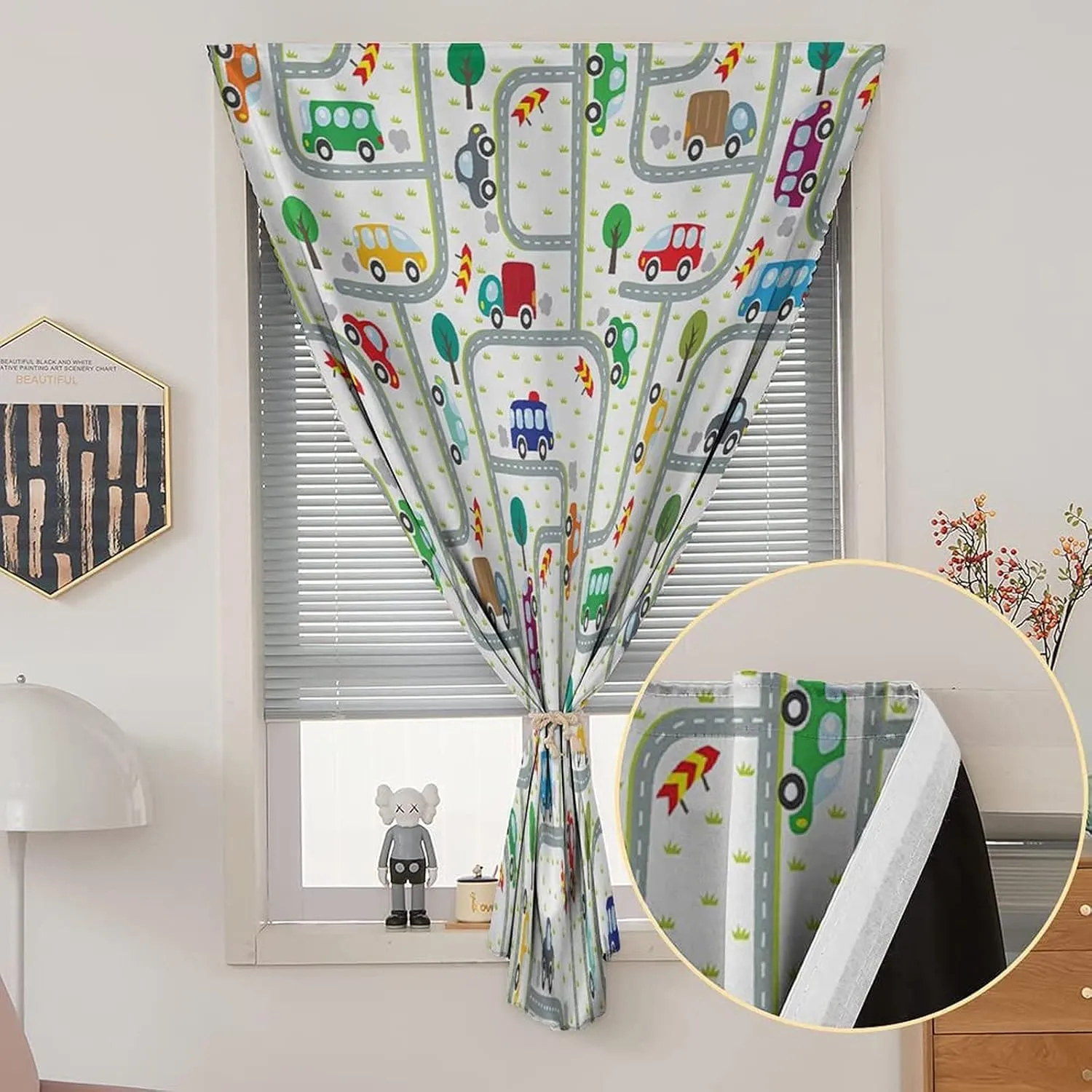 XISUNYA Autohesion Curtains, Cars Window Curtain Panel, Cute Children Drawing Cars Driving on Roads Traffic Urban Print Temporary Blackout Blinds,47W x54L Inch, for Bathroom Living Room Bedroom