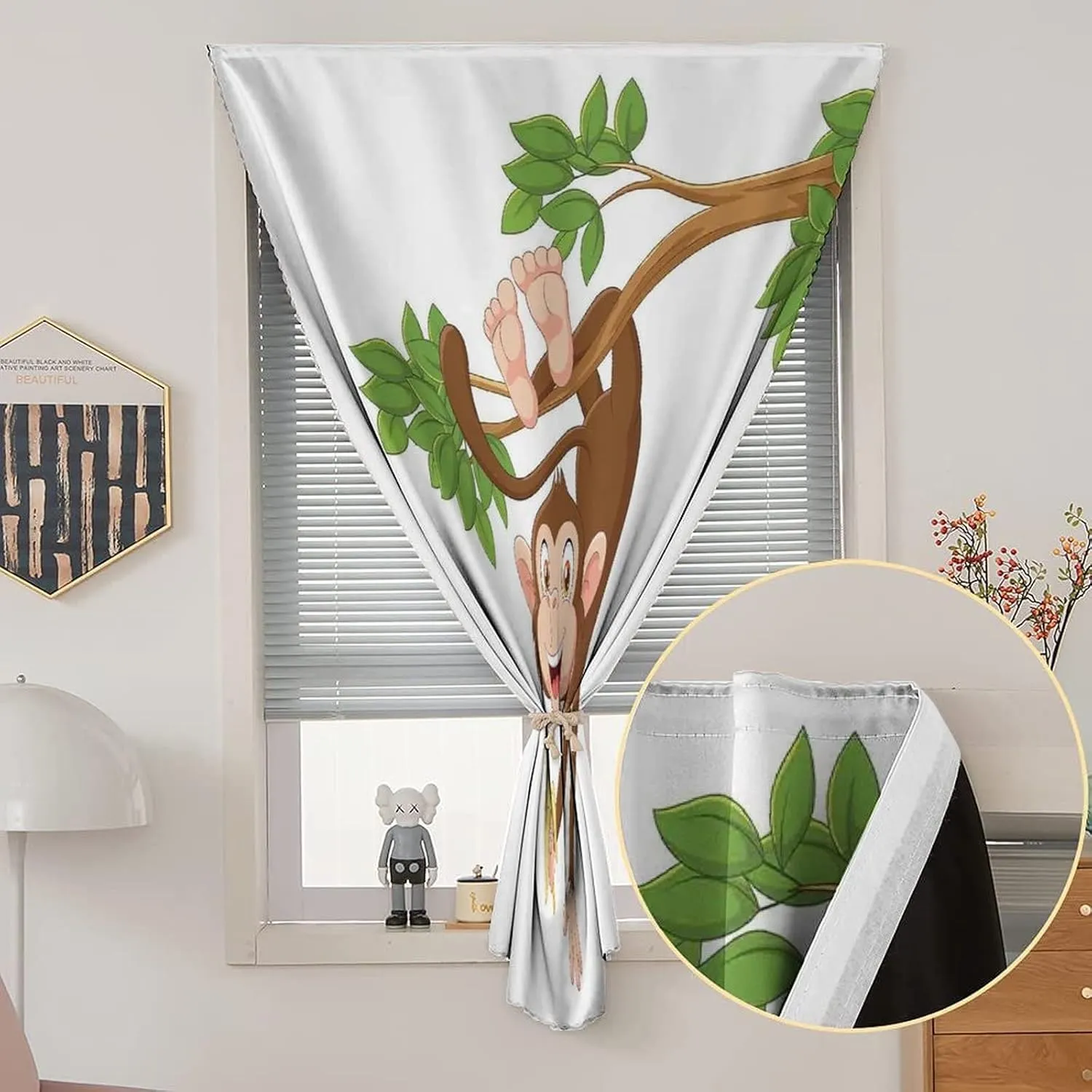 XISUNYA Autohesion Curtains, Cartoon Window Curtain Panel, Funny Monkey Hanging from Tree with Banana Jungle Print Thermal Lnsulated Room Darkening Small Drapes,47W x63L Inch, for Kitchen Bathroom