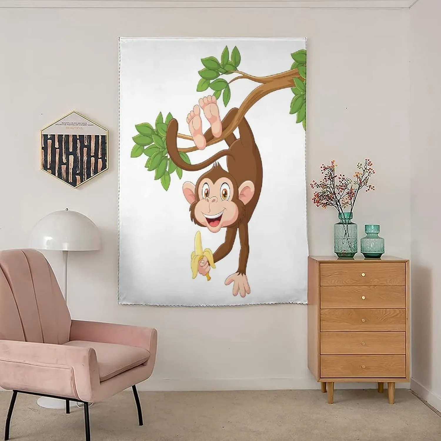 XISUNYA Autohesion Curtains, Cartoon Window Curtain Panel, Funny Monkey Hanging from Tree with Banana Jungle Print Thermal Lnsulated Room Darkening Small Drapes,47W x63L Inch, for Kitchen Bathroom