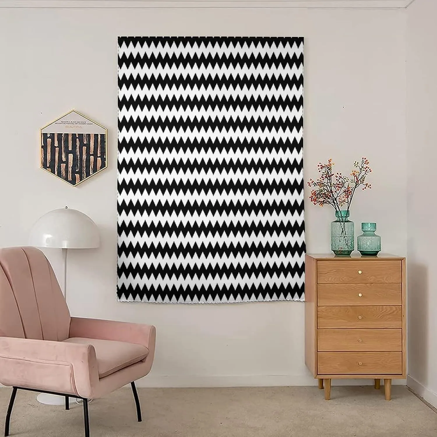 XISUNYA Autohesion Curtains, Chevron Window Curtain Panel, Zig Zags in Black and White Sharp Arrow Classic Retro Monochrome Print Thermal Lnsulated Room Darkening Small Drapes,26W x40L Inch