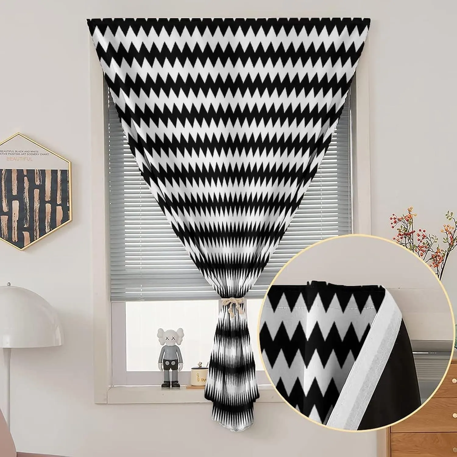 XISUNYA Autohesion Curtains, Chevron Window Curtain Panel, Zig Zags in Black and White Sharp Arrow Classic Retro Monochrome Print Thermal Lnsulated Room Darkening Small Drapes,26W x40L Inch