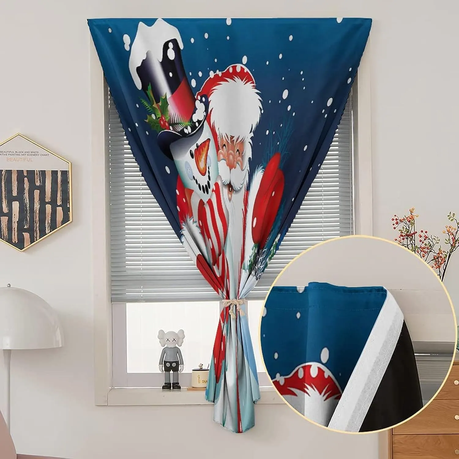 XISUNYA Autohesion Curtains, Christmas Window Curtain Panel, Smiling Santa Claus Hugging Snowman in Cartoon Print Thermal Lnsulated Room Darkening Small Drapes,26W x40L Inch, for Kitchen Bathroom