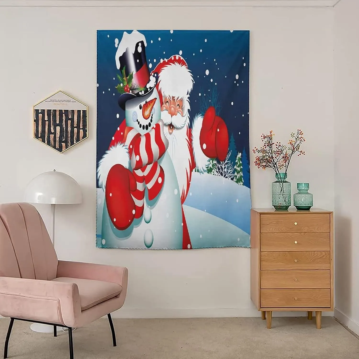 XISUNYA Autohesion Curtains, Christmas Window Curtain Panel, Smiling Santa Claus Hugging Snowman in Cartoon Print Thermal Lnsulated Room Darkening Small Drapes,26W x40L Inch, for Kitchen Bathroom