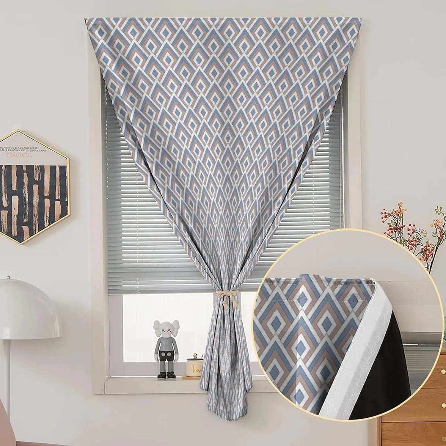 XISUNYA Autohesion Curtains, Geometric Window Curtain Panel, Classical Repeating Pattern Modern Squares Slate Print Thermal Lnsulated Room Darkening Small Drapes,26W x40L Inch, for Kitchen Bathroom