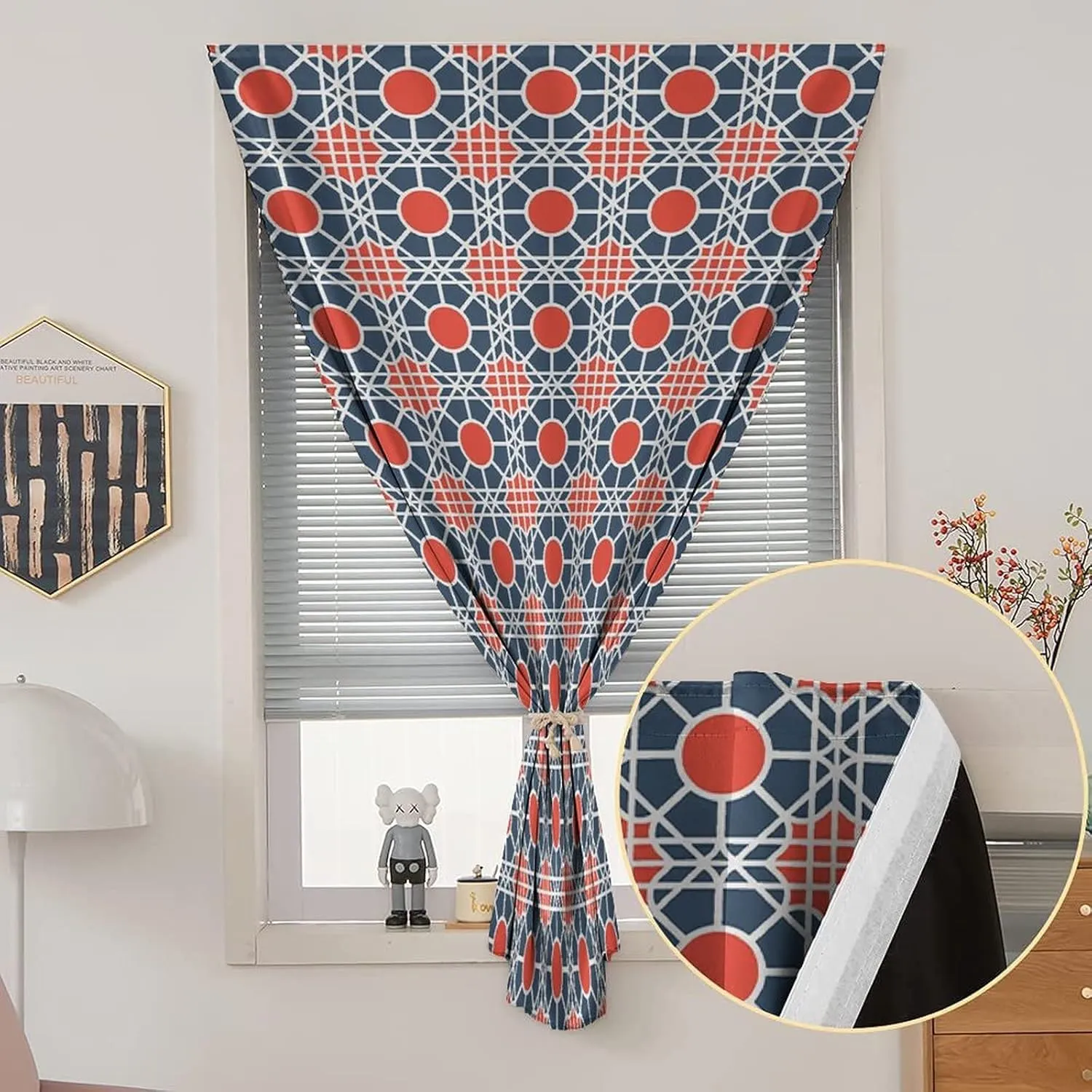 XISUNYA Autohesion Curtains, Geometric Window Curtain Panel, Grid Style Squares with Diagonal Lines and Circles Print Thermal Lnsulated Room Darkening Small Drapes,26W x40L Inch, for Kitchen Bathroom