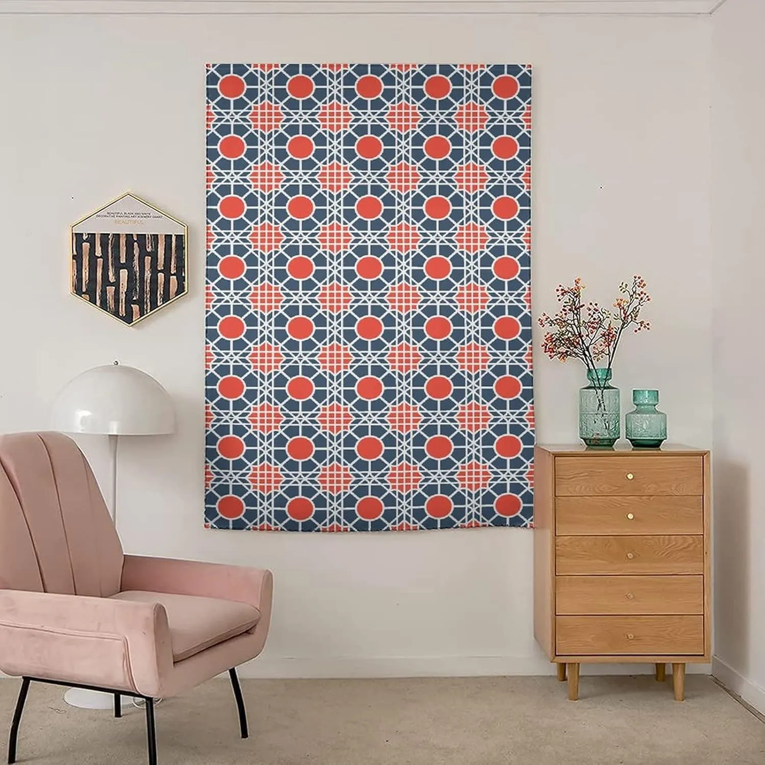 XISUNYA Autohesion Curtains, Geometric Window Curtain Panel, Grid Style Squares with Diagonal Lines and Circles Print Thermal Lnsulated Room Darkening Small Drapes,26W x40L Inch, for Kitchen Bathroom