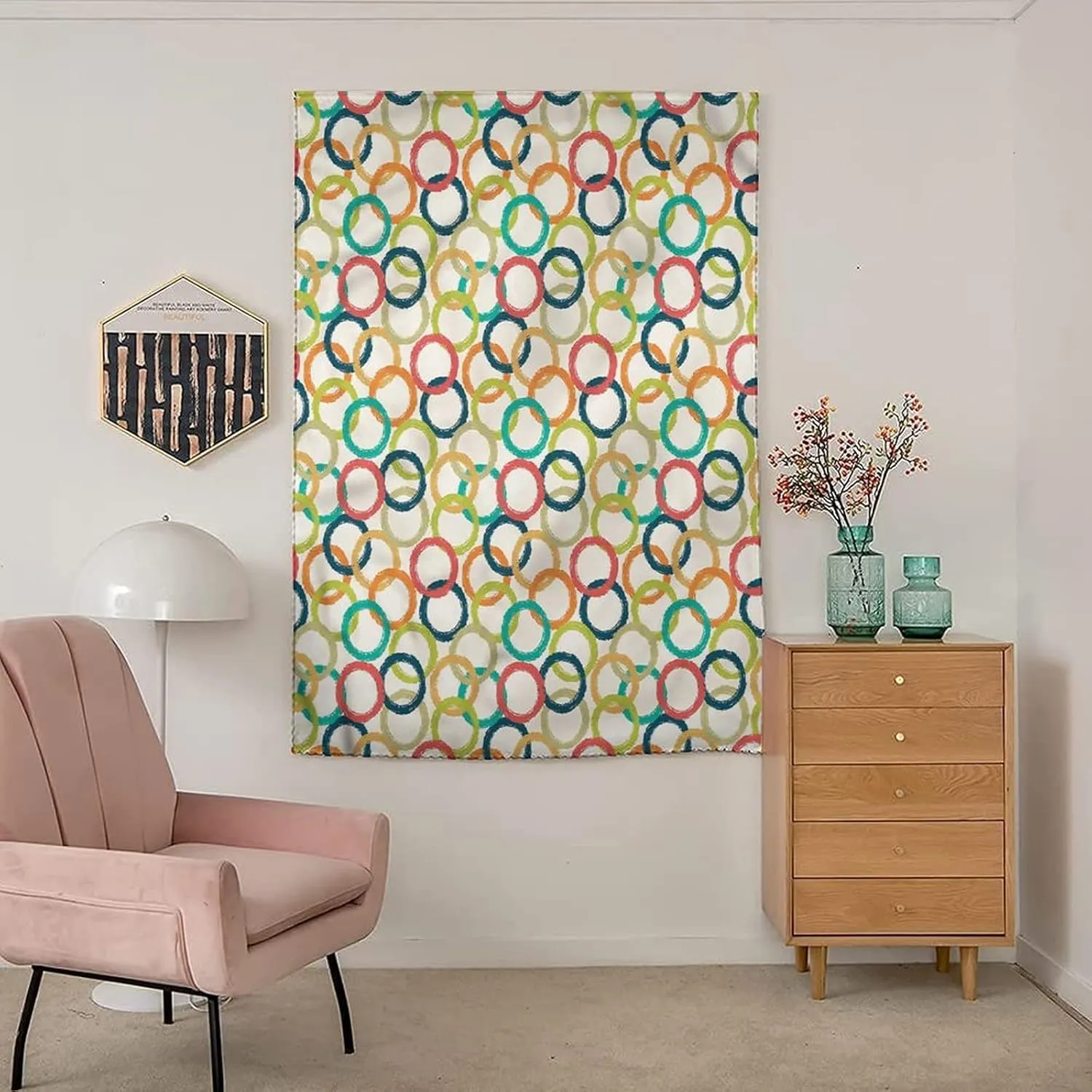 XISUNYA Autohesion Curtains, Retro Window Curtain Panel, Colorful Doodle Circles Print Thermal Lnsulated Room Darkening Small Drapes,59W x72L Inches, for Bathroom Living Room Bedroom