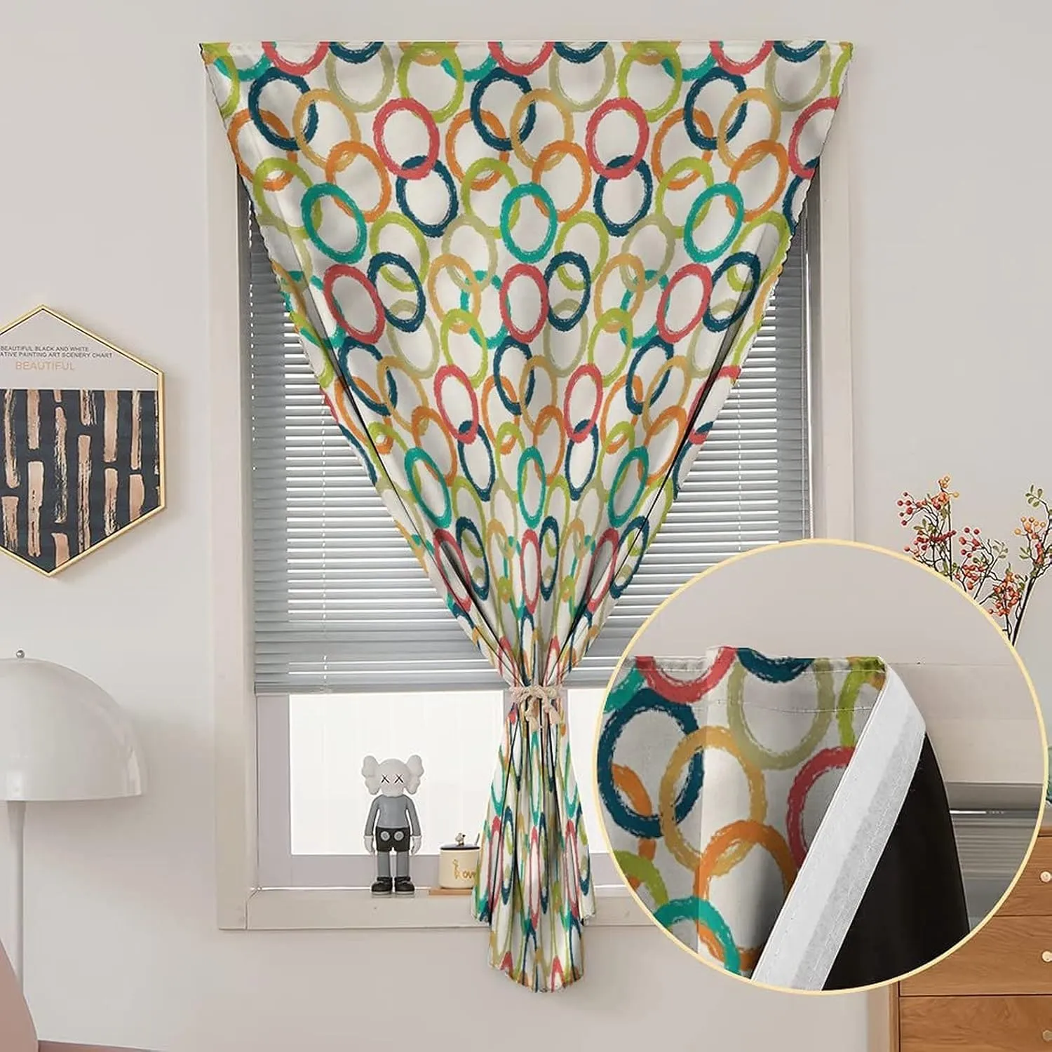 XISUNYA Autohesion Curtains, Retro Window Curtain Panel, Colorful Doodle Circles Print Thermal Lnsulated Room Darkening Small Drapes,59W x72L Inches, for Bathroom Living Room Bedroom