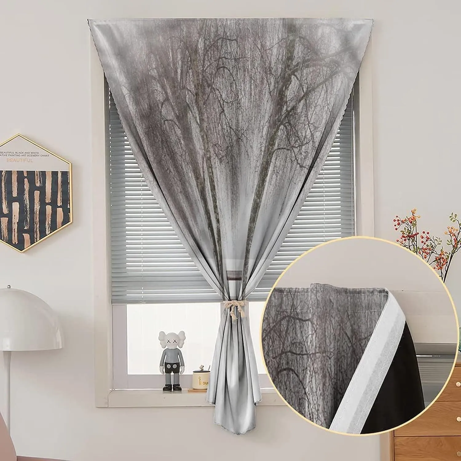 XISUNYA Autohesion Curtains, Tree Window Curtain Panel, Bench Trees Snowflakes Print Thermal Lnsulated Room Darkening Small Drapes,59W x84L Inches, for Bathroom Living Room Bedroom