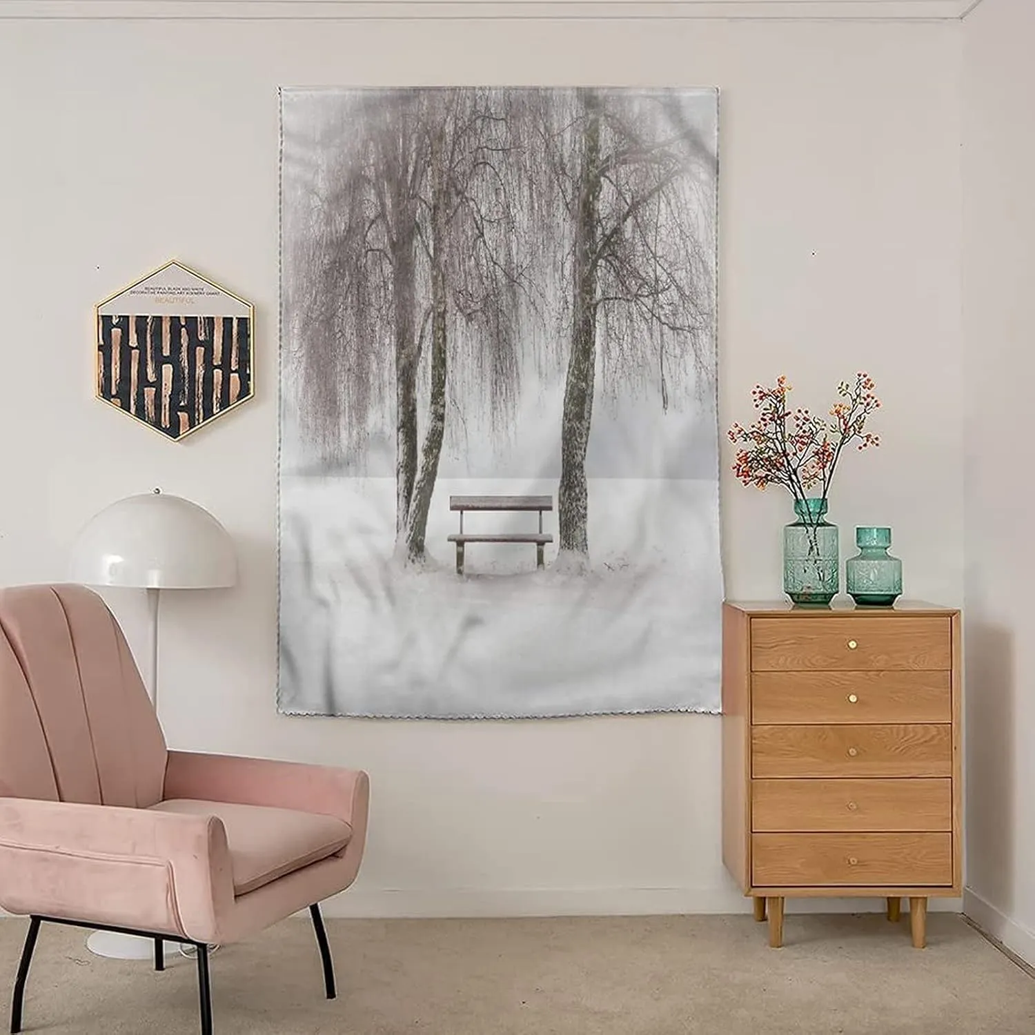 XISUNYA Autohesion Curtains, Tree Window Curtain Panel, Bench Trees Snowflakes Print Thermal Lnsulated Room Darkening Small Drapes,59W x84L Inches, for Bathroom Living Room Bedroom