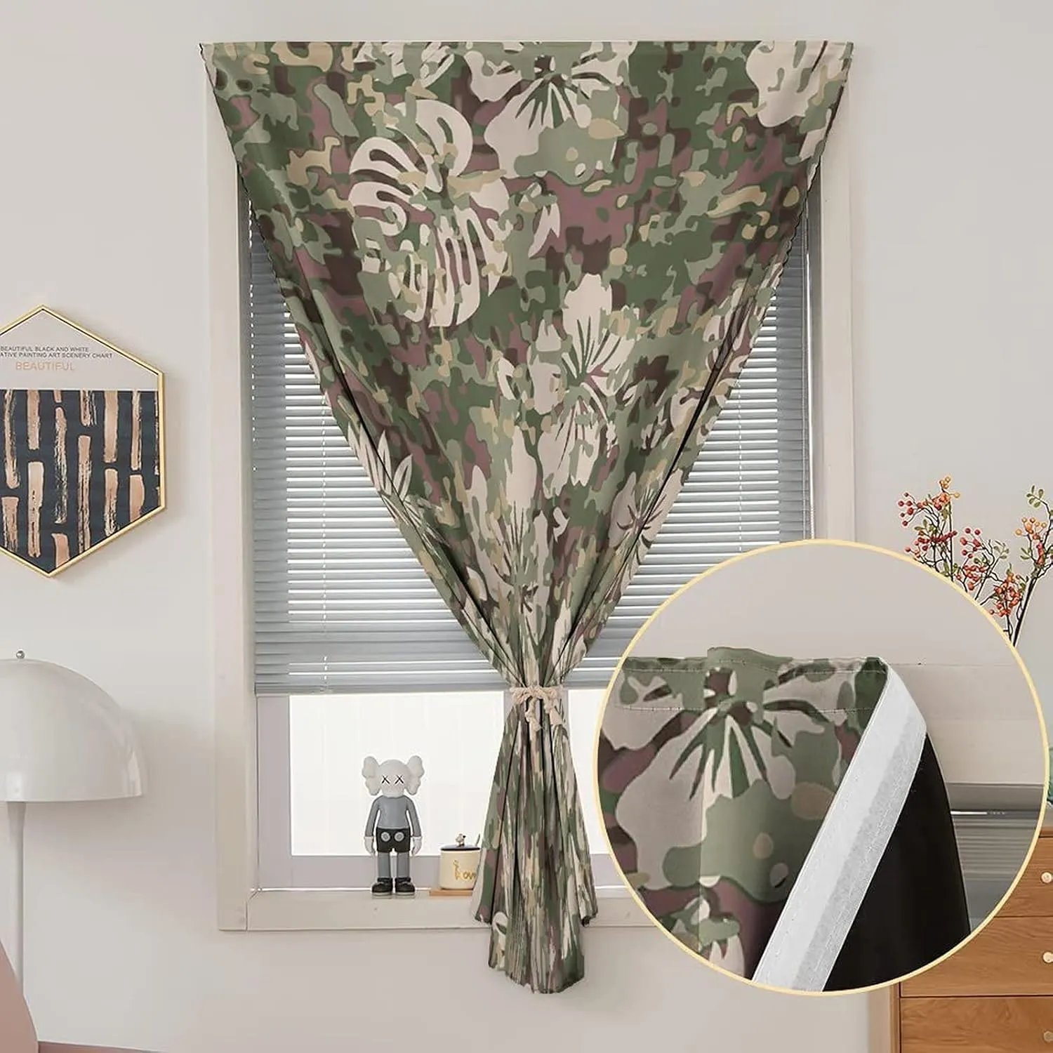 XISUNYA Self Adhesive Portable Blackout Curtains, Camo Room Darkening Curtains, Aloha Hawaiian Tropical Jungle Hibiscus Flowers Leaves Print Bedroom Blackout Curtains,26W x40L Inch