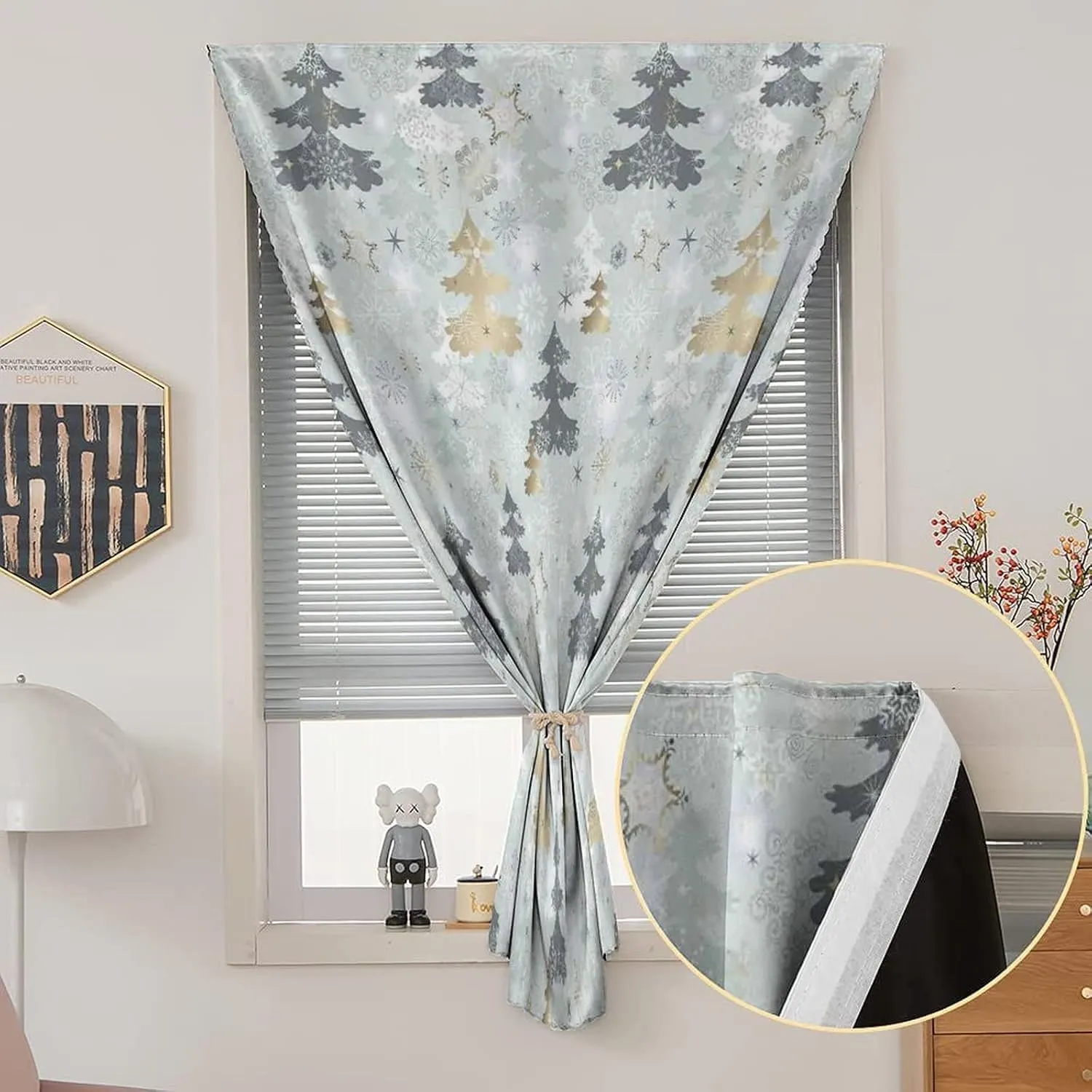 XISUNYA Self Adhesive Portable Blackout Curtains, Christmas Room Darkening Curtains, Retro Pine Tree Figures Over Snowflake Background Print Temporary Blackout Blinds,47W x54L Inch