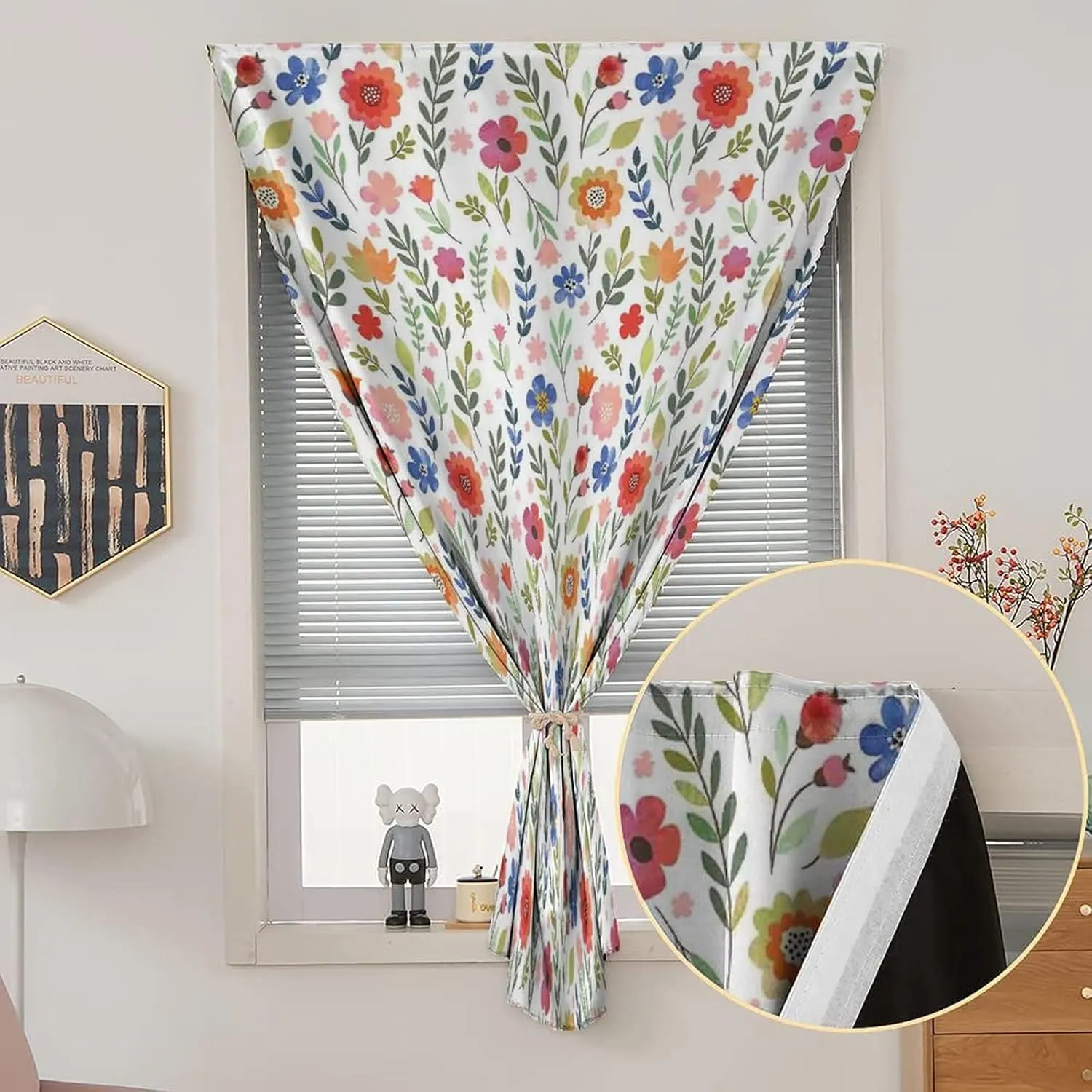XISUNYA Self Adhesive Portable Blackout Curtains, Flower Room Darkening Curtains, Shabby Chic Botany Florets in Soft Tones Feminine Watercolor Print Temporary Blackout Blinds,26W x40L Inch