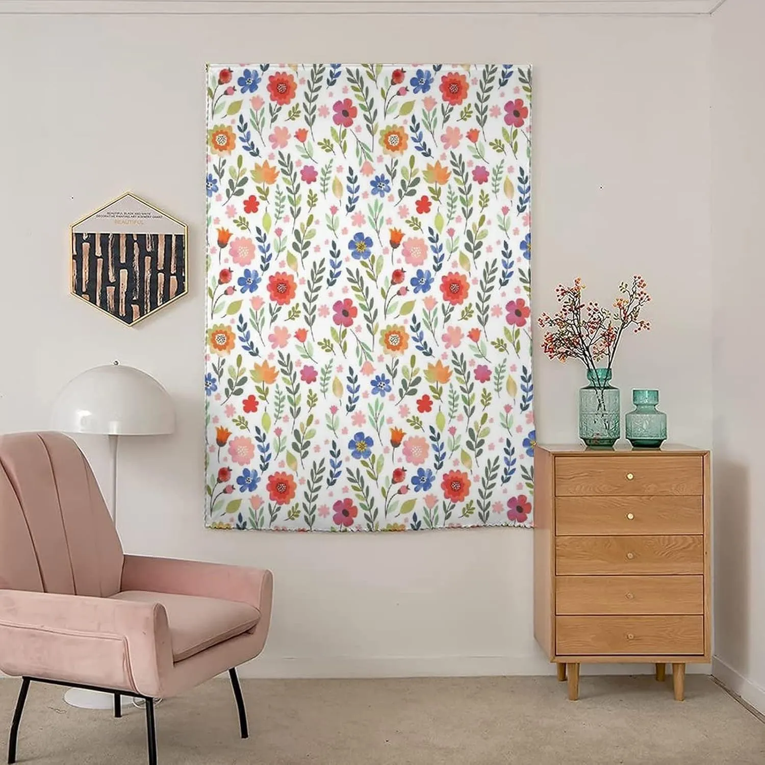 XISUNYA Self Adhesive Portable Blackout Curtains, Flower Room Darkening Curtains, Shabby Chic Botany Florets in Soft Tones Feminine Watercolor Print Temporary Blackout Blinds,26W x40L Inch