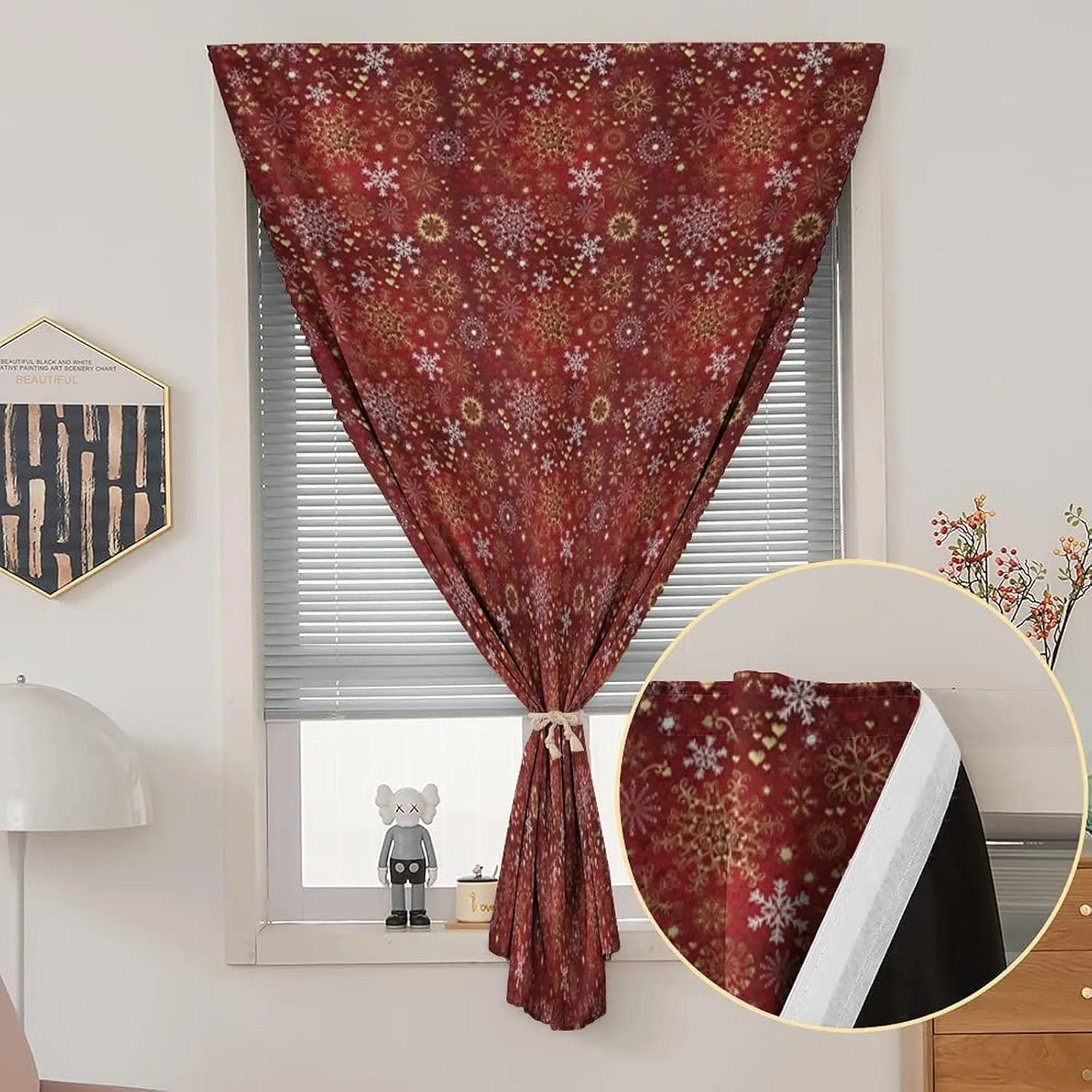 XISUNYA Travel Windows Blackout Curtain, Christmas Curtain Shades, Ornate Snowflakes with Floral Art Swirls and Hearts Print Adjustable Temporary Blackout Shades,26W x40L Inch, for Kitchen Bathroom