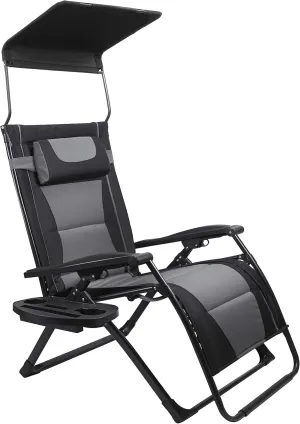 XXL Oversize Recliner Folding Chair for Camping Patio Outdoors Zero Gravity Extra Wide Reclining Padded Seats with Sunshade and Cup Holder Tray [Heavy Duty]