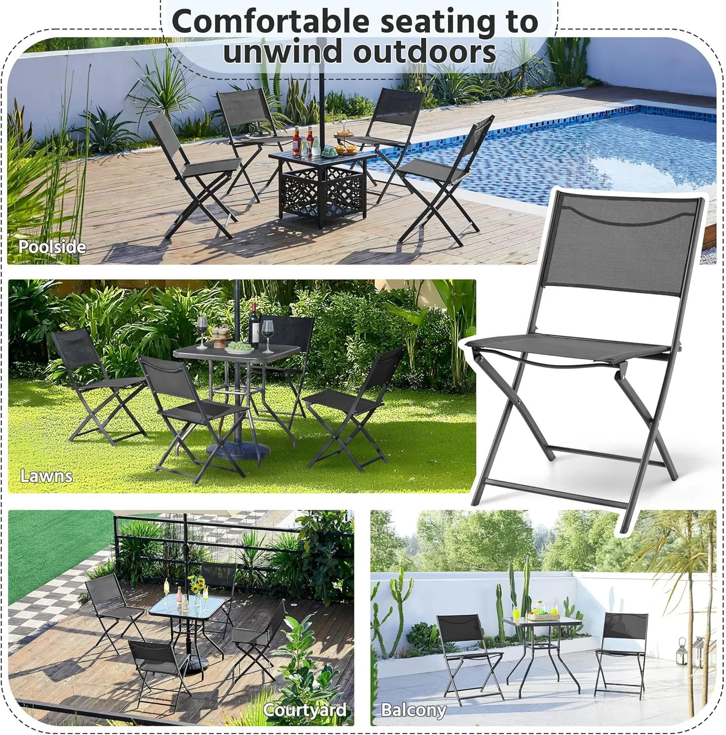 Yaheetech Patio Portable Dining Chairs Set of 4 with Metal Frame, Outdoor Metal Folding Chairs with Backrests for Camping, Lawn, Yard, Beach, Black