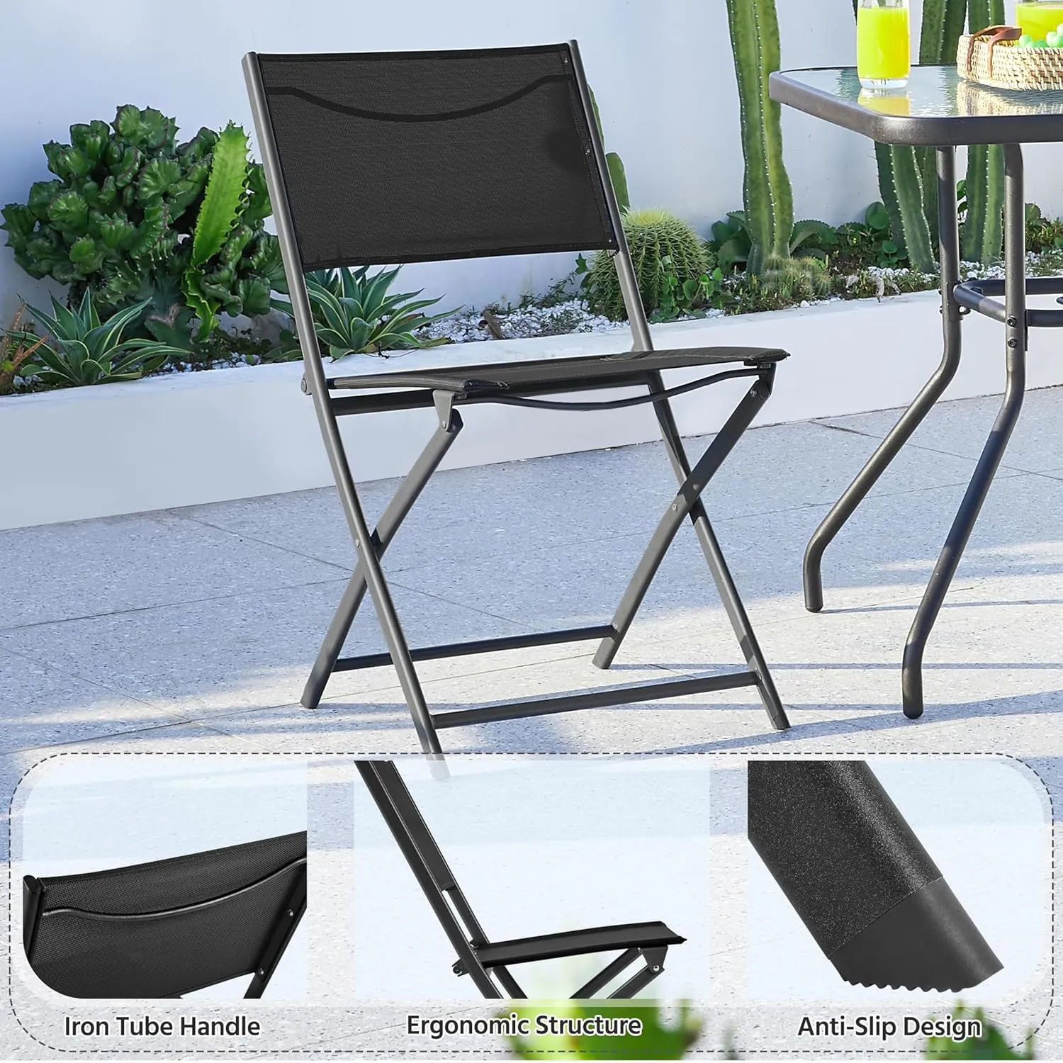 Yaheetech Patio Portable Dining Chairs Set of 4 with Metal Frame, Outdoor Metal Folding Chairs with Backrests for Camping, Lawn, Yard, Beach, Black