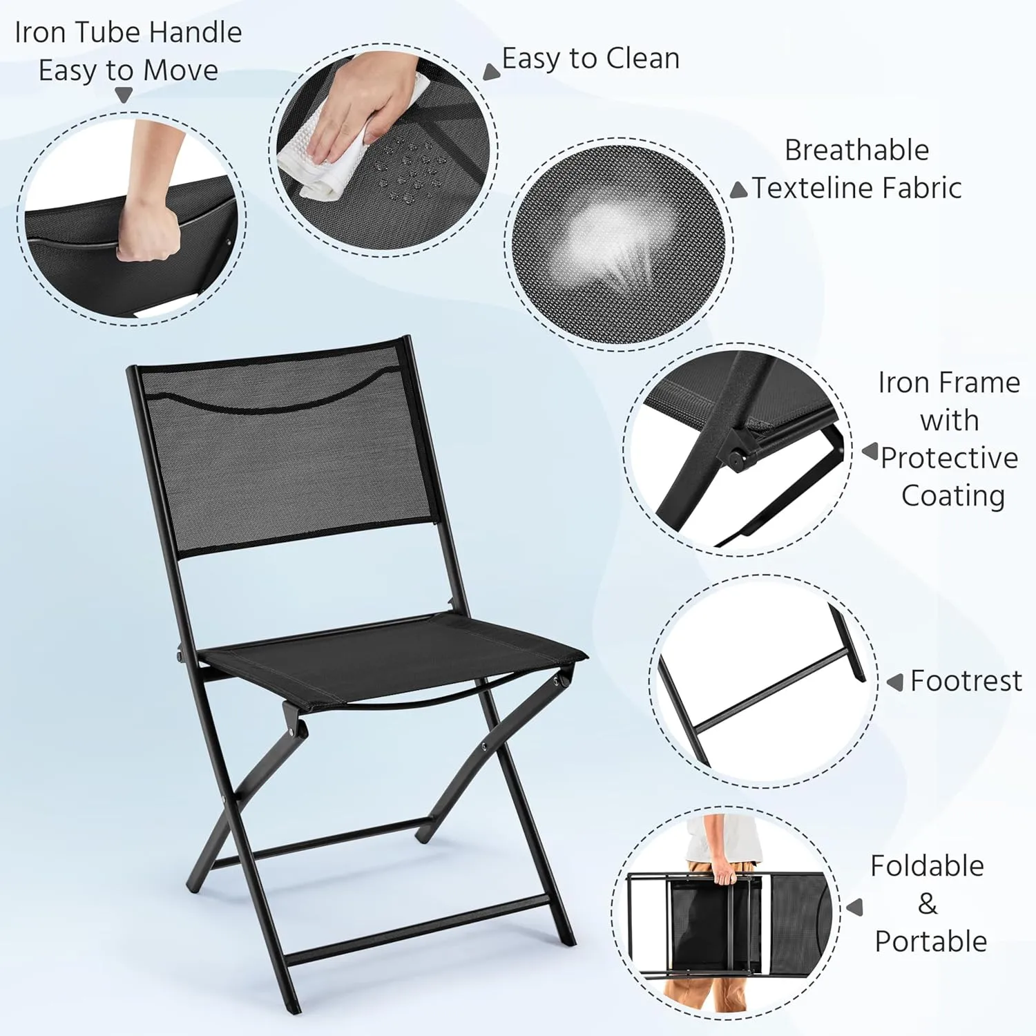 Yaheetech Patio Portable Dining Chairs Set of 4 with Metal Frame, Outdoor Metal Folding Chairs with Backrests for Camping, Lawn, Yard, Beach, Black