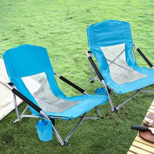 YDY YQY Portable Beach Chair Folding Beach Chair with Low Profile, 2 Pack Ultralight Backpacking Folding Chair with Cup Holder & Carry Bag for Outdoor, Camping, BBQ, Beach, Travel, Picnic. (Blue)