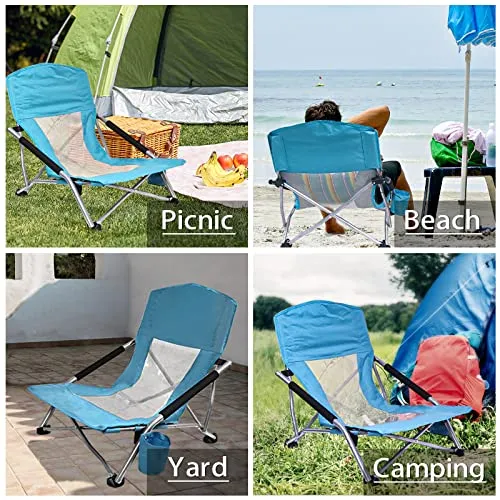 YDY YQY Portable Beach Chair Folding Beach Chair with Low Profile, 2 Pack Ultralight Backpacking Folding Chair with Cup Holder & Carry Bag for Outdoor, Camping, BBQ, Beach, Travel, Picnic. (Blue)