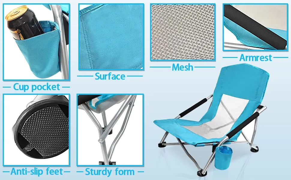 YDY YQY Portable Beach Chair Folding Beach Chair with Low Profile, 2 Pack Ultralight Backpacking Folding Chair with Cup Holder & Carry Bag for Outdoor, Camping, BBQ, Beach, Travel, Picnic. (Blue)