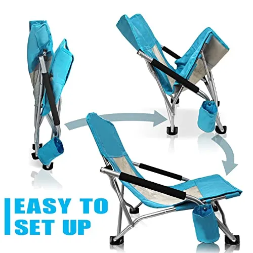 YDY YQY Portable Beach Chair Folding Beach Chair with Low Profile, 2 Pack Ultralight Backpacking Folding Chair with Cup Holder & Carry Bag for Outdoor, Camping, BBQ, Beach, Travel, Picnic. (Blue)