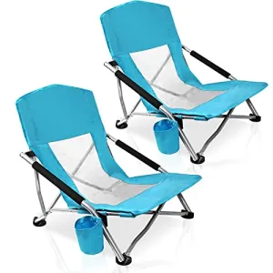 YDY YQY Portable Beach Chair Folding Beach Chair with Low Profile, 2 Pack Ultralight Backpacking Folding Chair with Cup Holder & Carry Bag for Outdoor, Camping, BBQ, Beach, Travel, Picnic. (Blue)