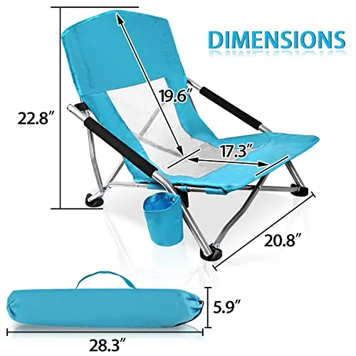 YDY YQY Portable Beach Chair Folding Beach Chair with Low Profile, 2 Pack Ultralight Backpacking Folding Chair with Cup Holder & Carry Bag for Outdoor, Camping, BBQ, Beach, Travel, Picnic. (Blue)