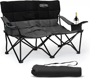 YOUNG WOOD Double Camping Chair, Oversized Folding Loveseat, Camping Couch Heavy Duty, Arm Chair with Cup Hold and Cooler Bag for Festivals, Concerts, Low Seat Height-Supports 600 LBS, Black