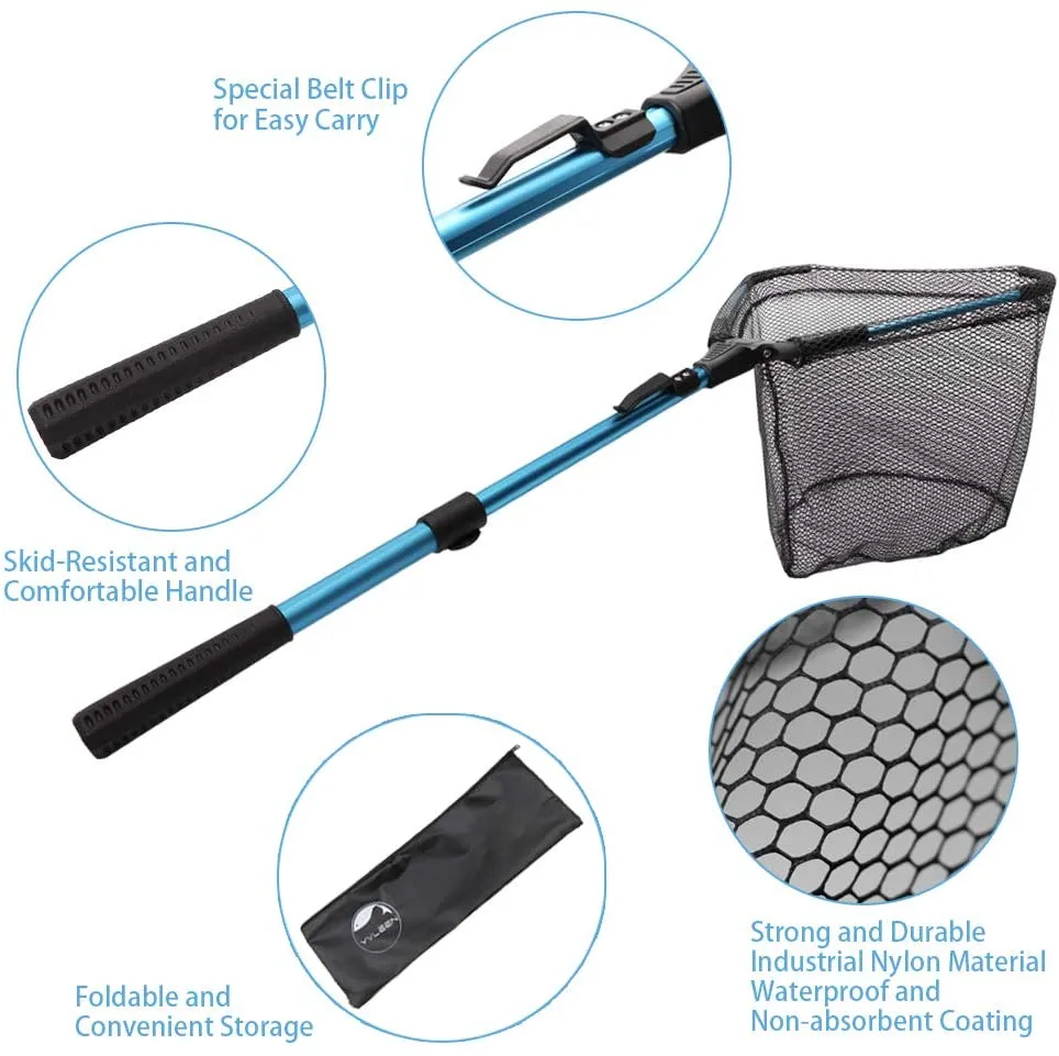 YVLEEN Folding Fishing Net - Foldable Fish Landing Net Robust Aluminum Telescopic Pole Handle and Nylon Mesh 16Inch Hoop Size