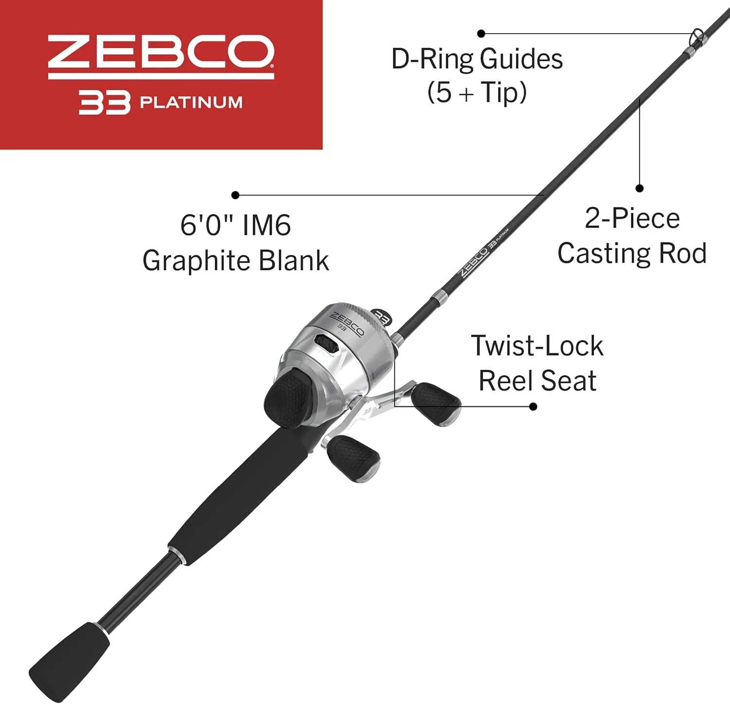 Zebco 33 Platinum Spincast Reel and Fishing Rod Combo, Anti-Reverse Clutch, Silver