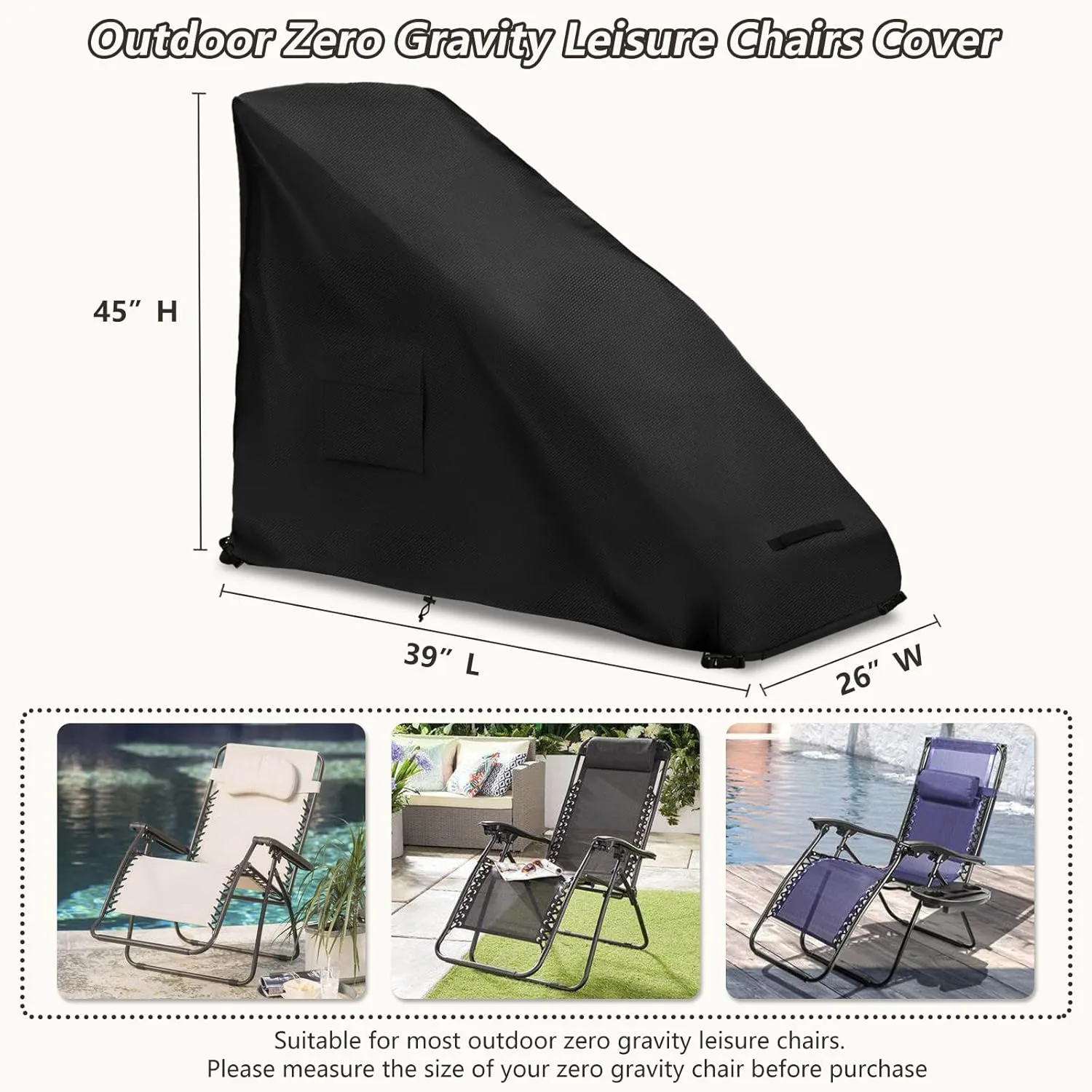 Zero Gravity Chair Cover XL,Outdoor Heavy Duty 600D Waterproof Zero Gravity Lounge Chair Cover,Patio Folding Zero Gravity Recliner Cover.black,39" L x 31" W x 45" H.