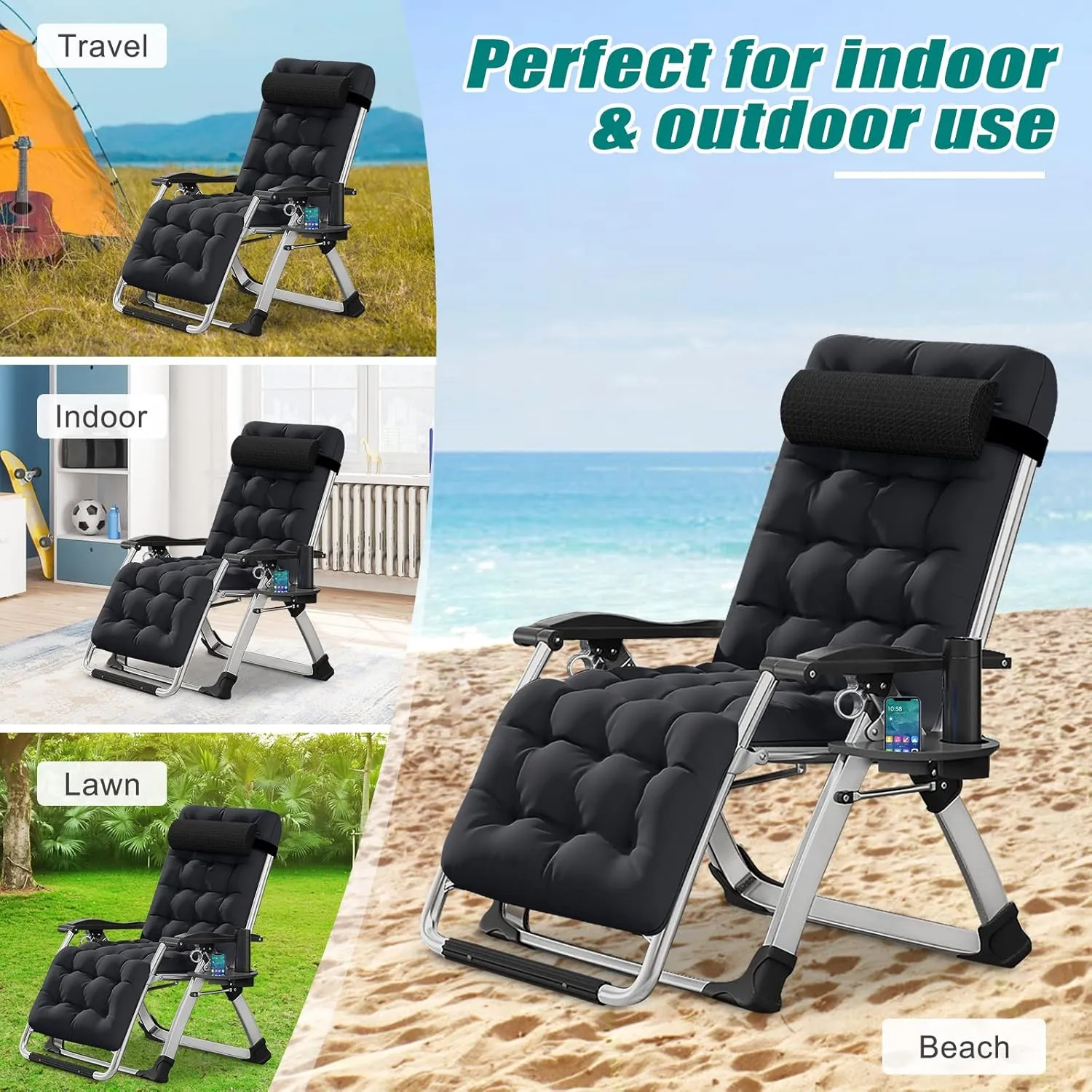 Zero Gravity Chair, Lawn Recliner, Reclining Patio Lounger Chair, Folding Portable Chaise with Detachable Soft Cushion, Cup Holder, Headrest