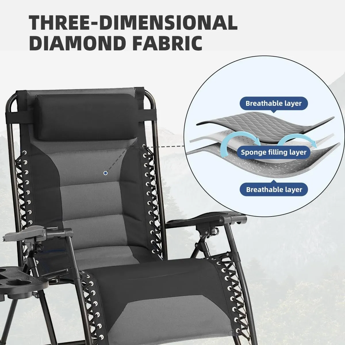 Zero Gravity Chair Oversized Padded Recliner with Adjustable Headrest & Cup Holder - XL 600D Oxford Folding Lounge Chair for Outdoor Camping, Patio, Poolside (Black & Gray)